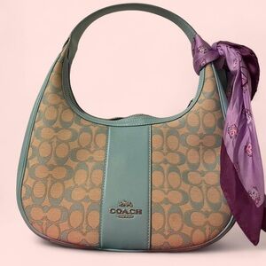 Coach Tan and Green Hobo Bag with Purple Accent